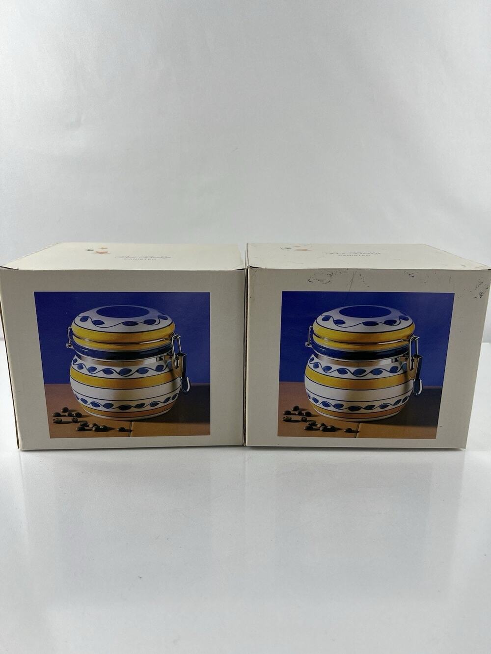 Set of 2 Hand Painted Ceramic Canisters with Clamp Lids 6.5” Blue Yellow